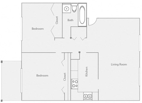Floor plan for 2 beds, 1 bath, 862 sqft